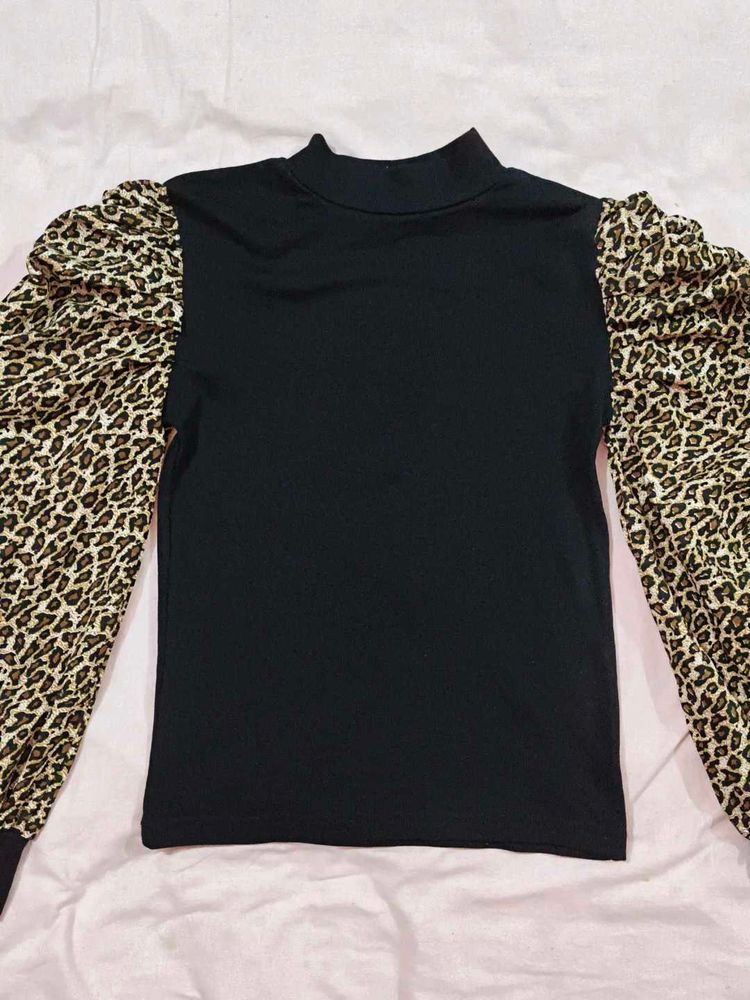 Leopard Sleeve Mock Neck Top