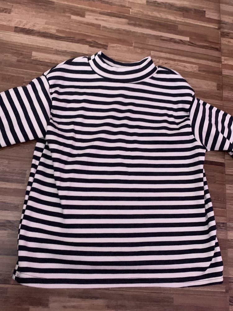 Black With White Strips turtle Neck Crop Top