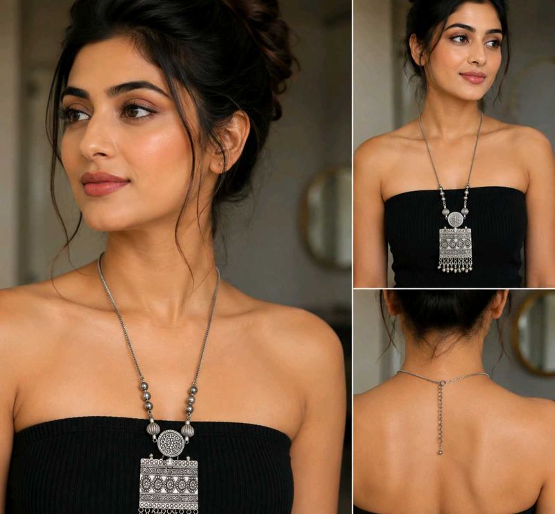 Boho Silver Oxidized Pendant Necklace