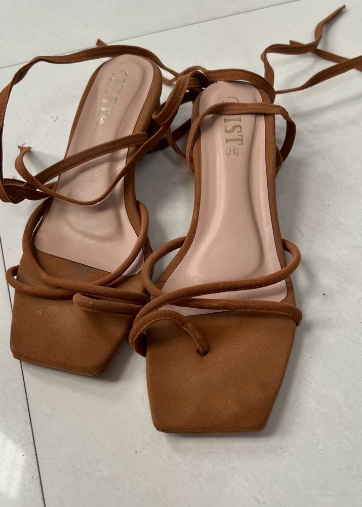 Brown Suede Block Heels With Tie Up
