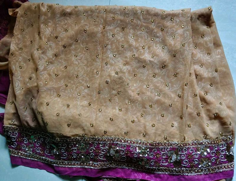 Embellished Beige Saree with Purple Border