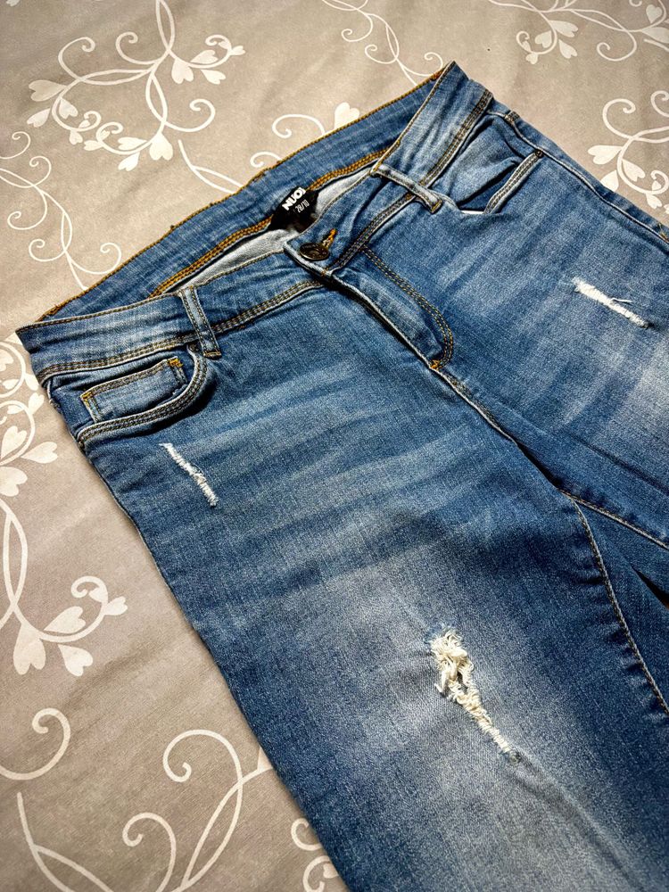 Blue Straight Fit Ripped Jeans