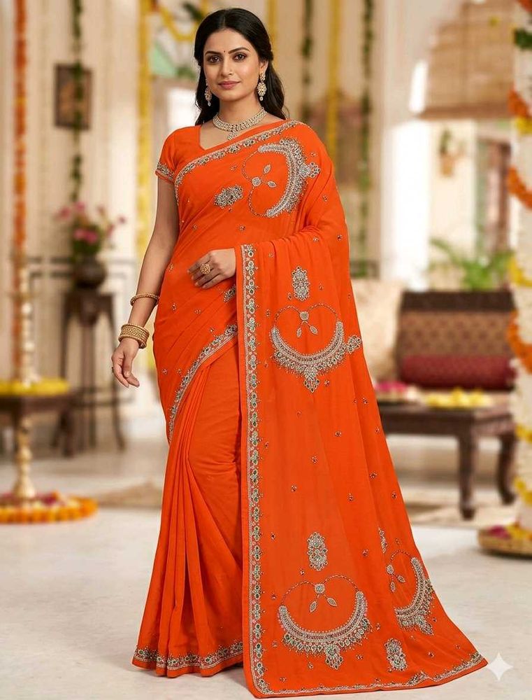 Stunning Orange Embroidered Saree
