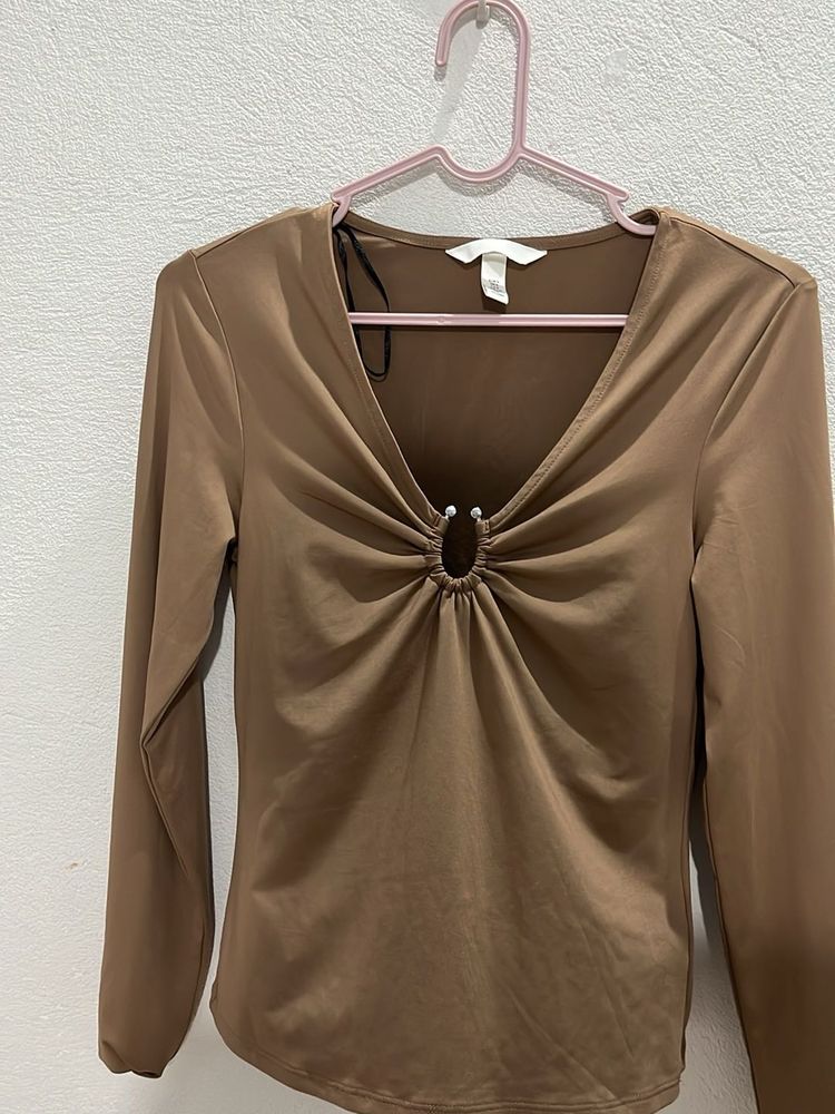 Brown Long Sleeve Ruched Top