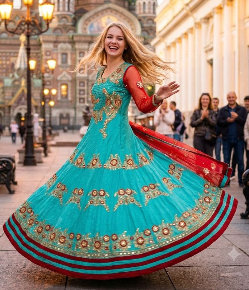 Turquoise &amp; Red Embroidered Anarkali Gown