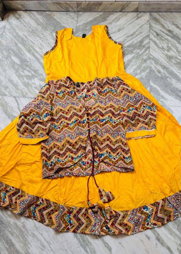 Yellow Kurta Set with Printed Jacket