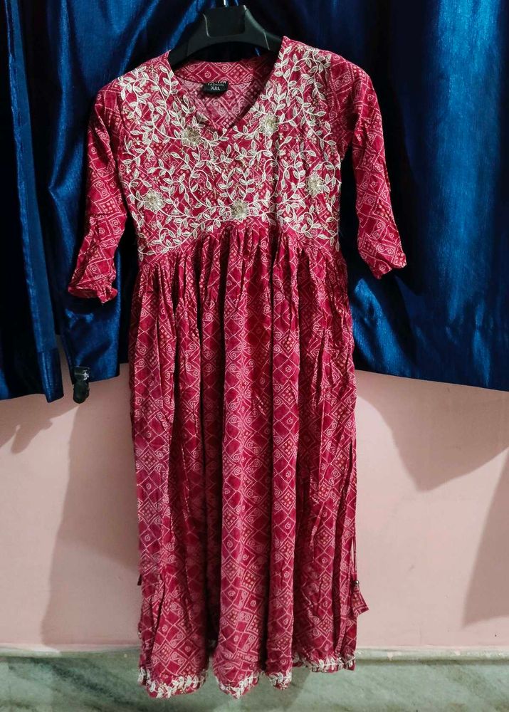 Pink Bandhani Embroidered Anarkali Kurti