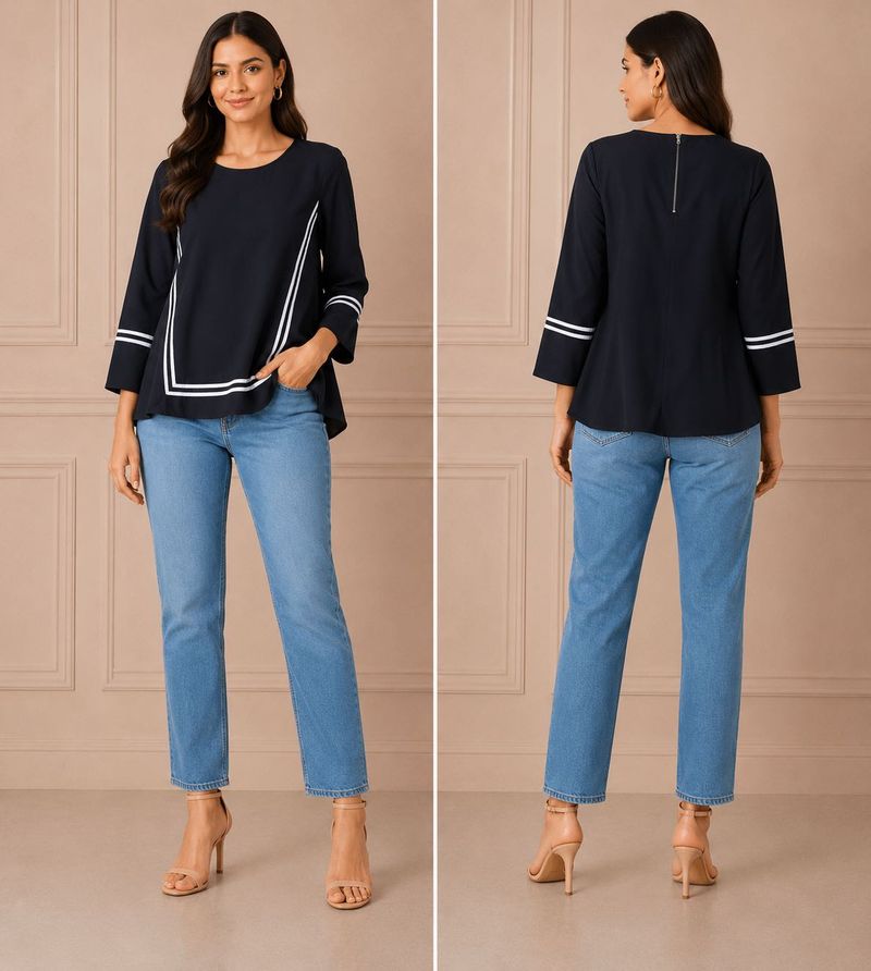 Chic Navy Top with Striped Accents