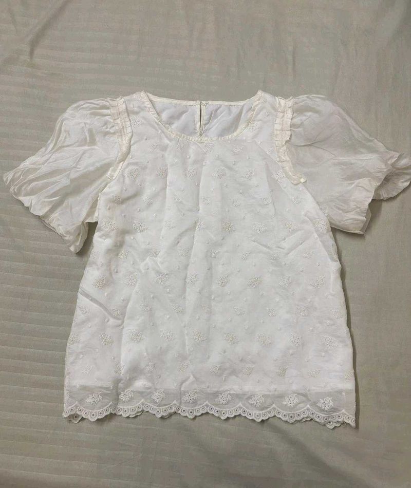 White Embroidered Puff Sleeve Top