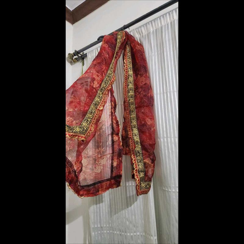 Organza Red Floral Embroidered Dupatta