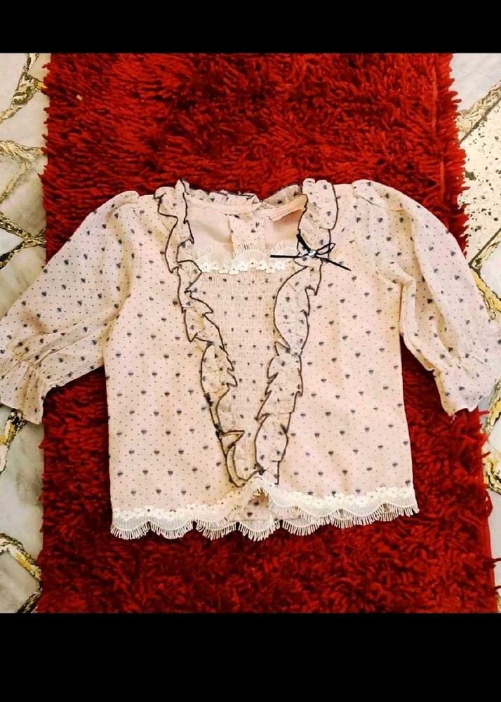 Sheer Heart Print Blouse with Ruffles