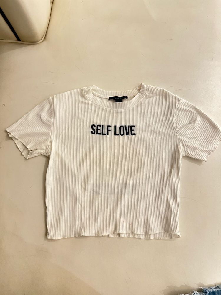 White Ribbed Cropped T-Shirt 'SELF LOVE'