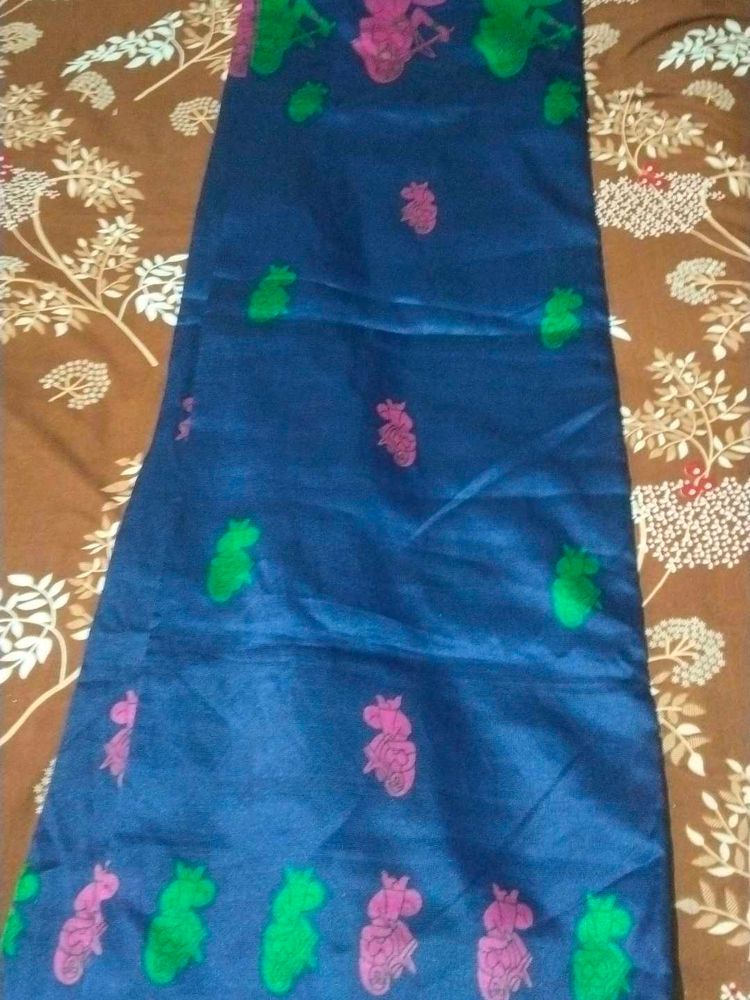 Elegant Blue Saree with Pink &amp; Green Motifs