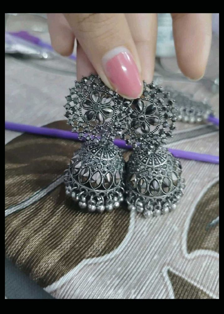 Oxidized Silver Jhumka Earrings