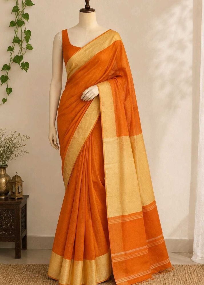 Elegant Orange Saree with Golden Border
