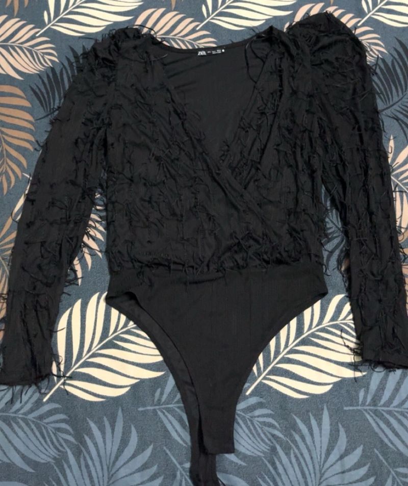 Zara fringes Black Textured Bodysuit