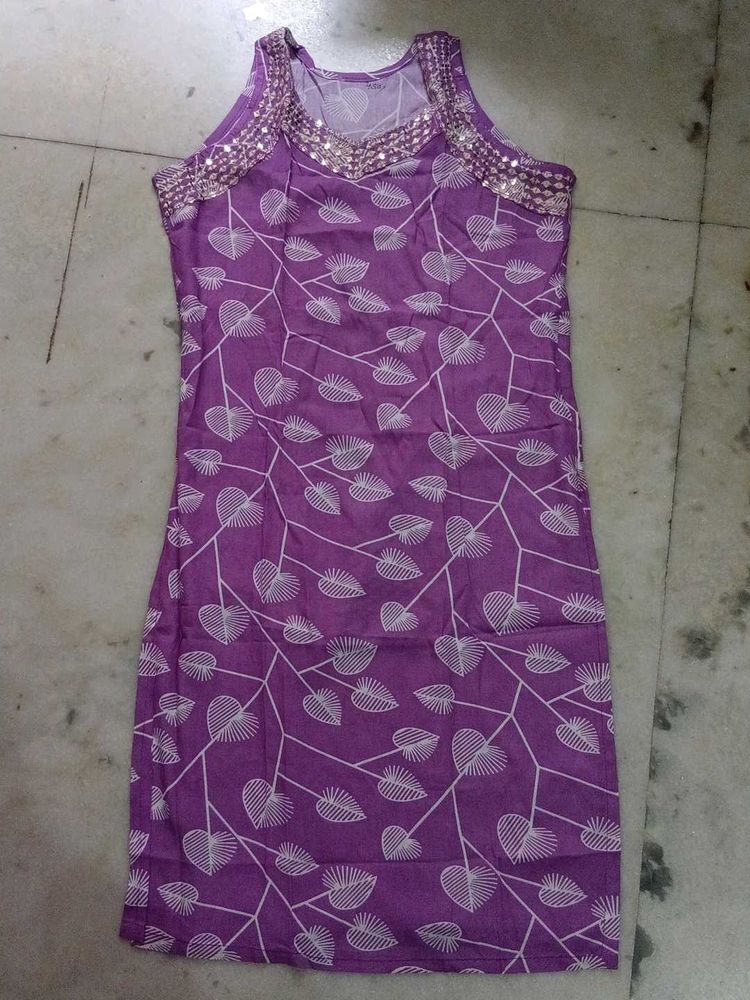 Purple Leaf Print Embellished Gown