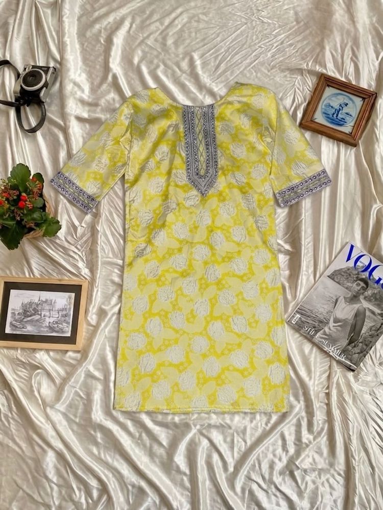 Yellow floral print kurta