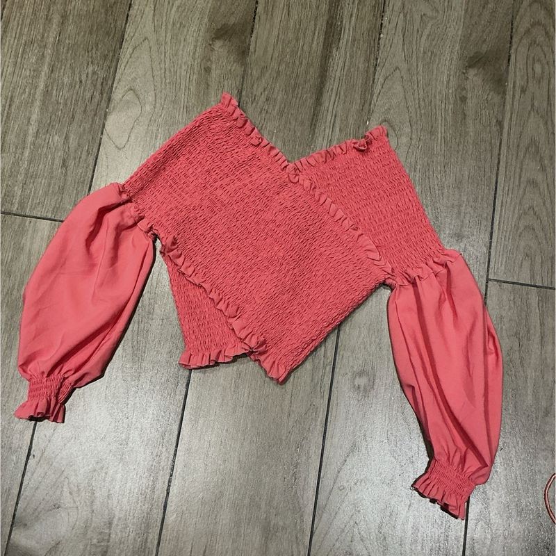 Smocked Off-Shoulder Coral Top