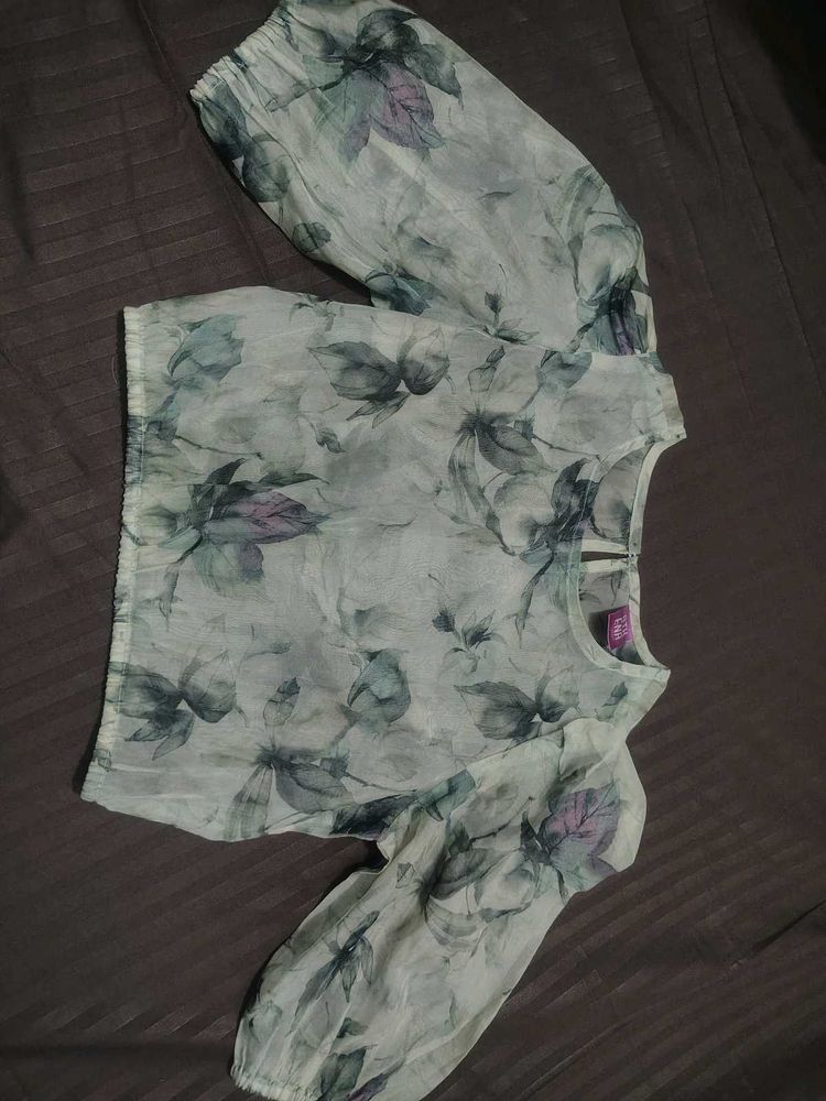 Sheer Floral Crop Top with Puff Sleeves