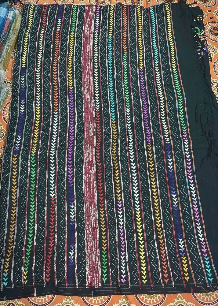 Elegant Kantha Stitch Embroidered Black Saree
