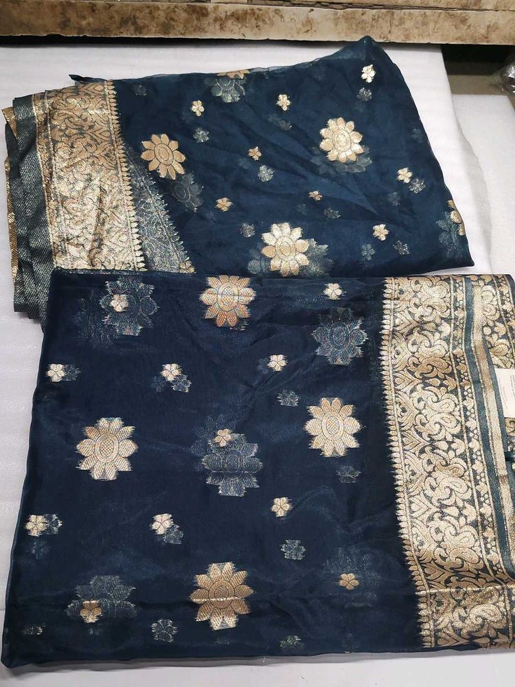 Banarsi Elegant Blue Dupatta with Gold Floral Moti