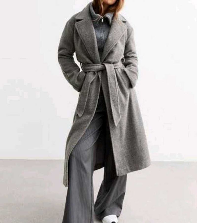 Chic Grey Belted Wool Coat
