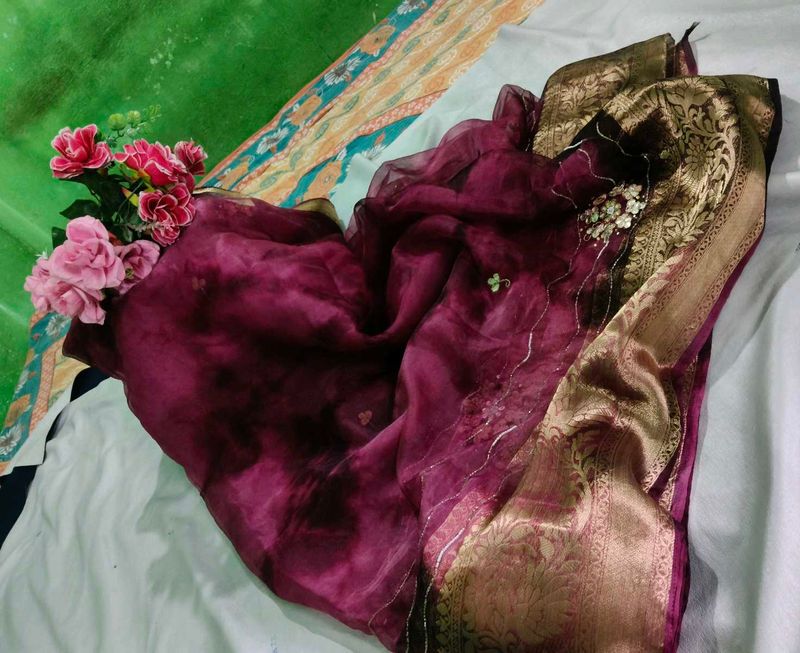 Beautiful Maroon Organza Saree