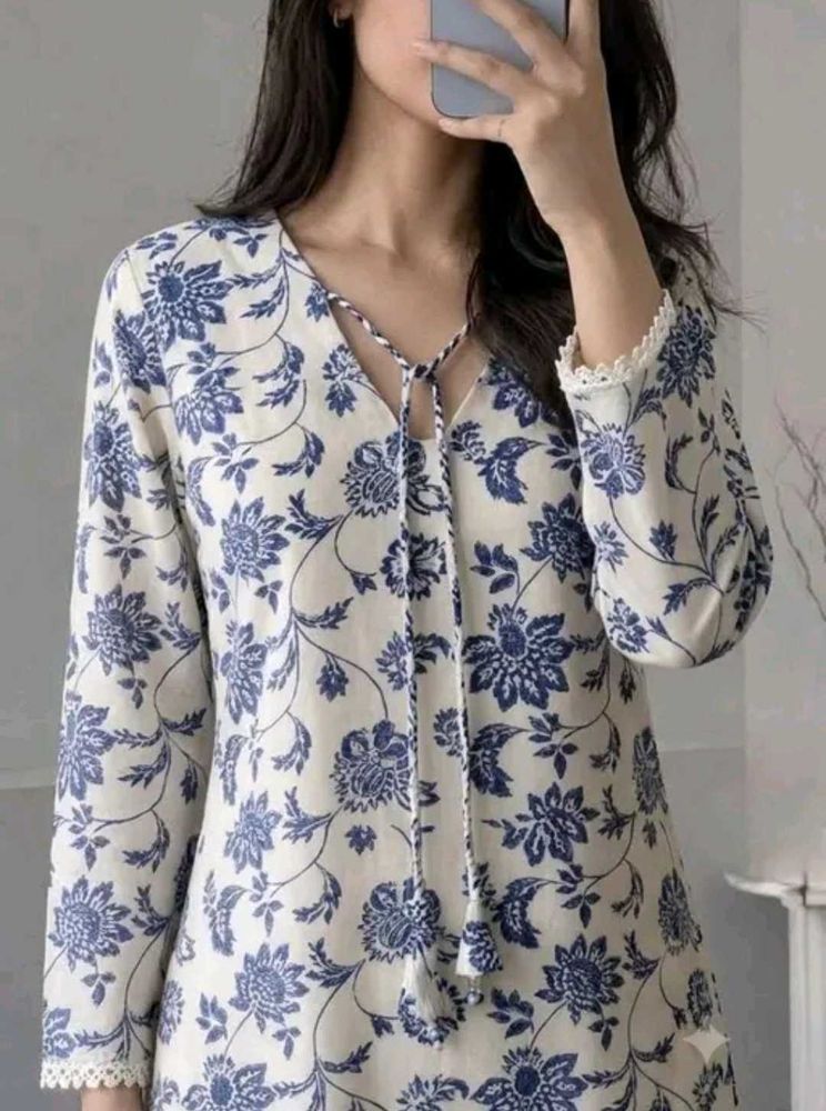 Blue Floral Print Kurta with Lace Detail