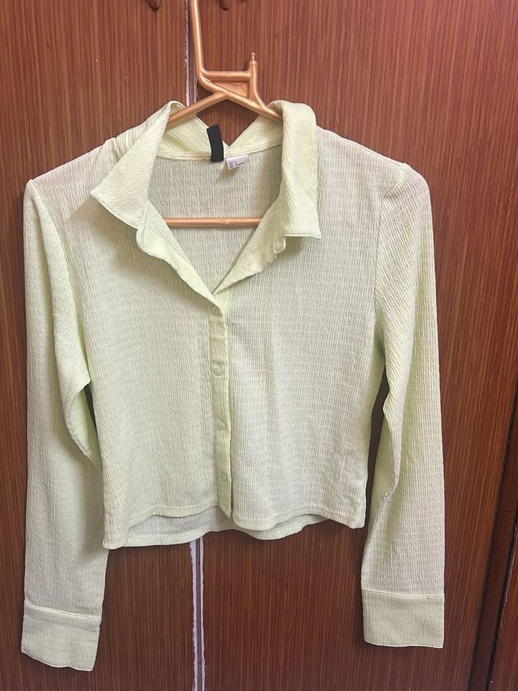Lime Green Textured Button-Up Crop Top