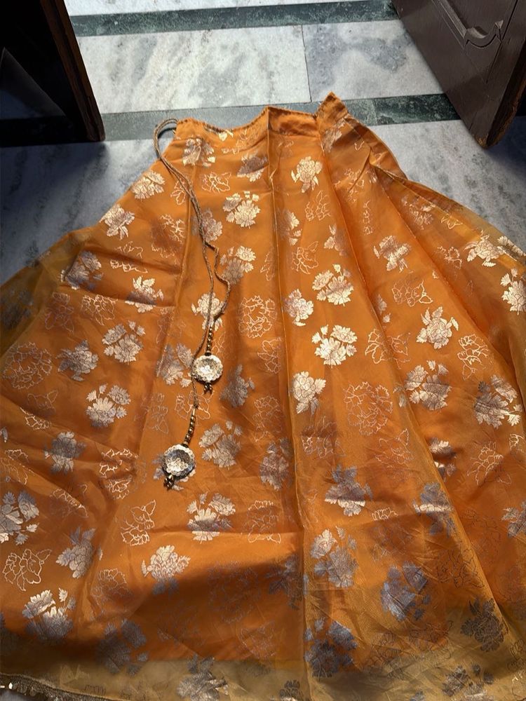 Orange Silk Lehanga Skirt with Floral Print