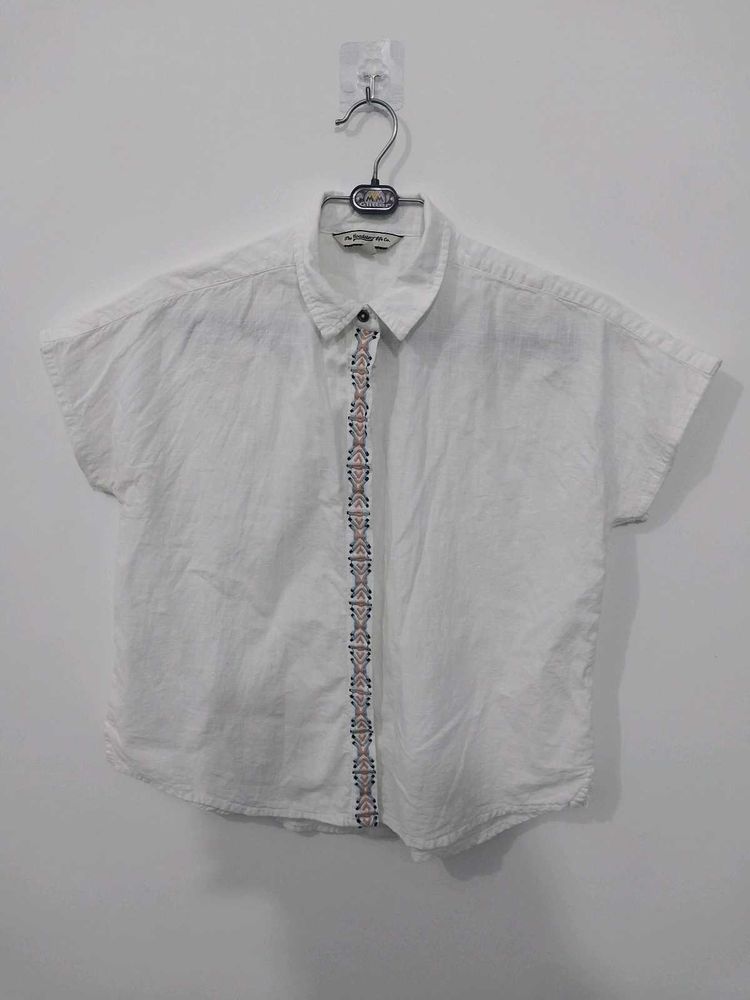 Embroidered White Unisex Button-Up Shirt
