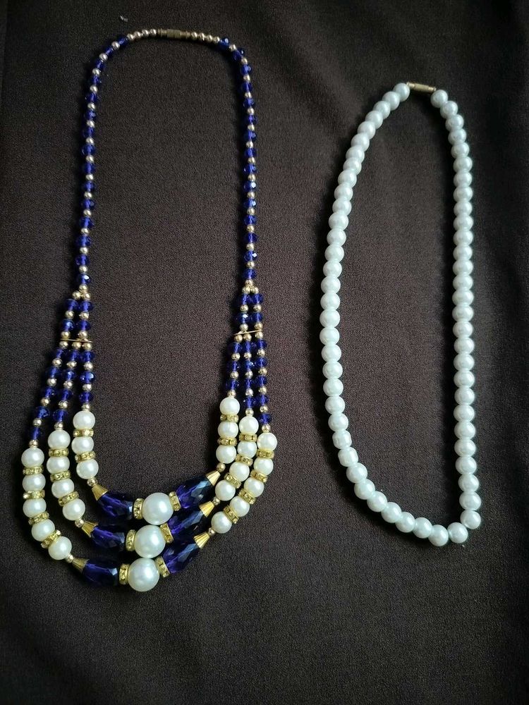 Combo Elegant Pearl and Blue Beaded Necklace Se