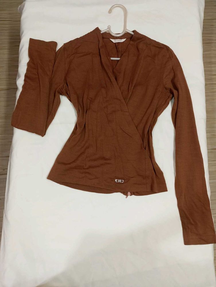 Brown Wrap Long Sleeve Top