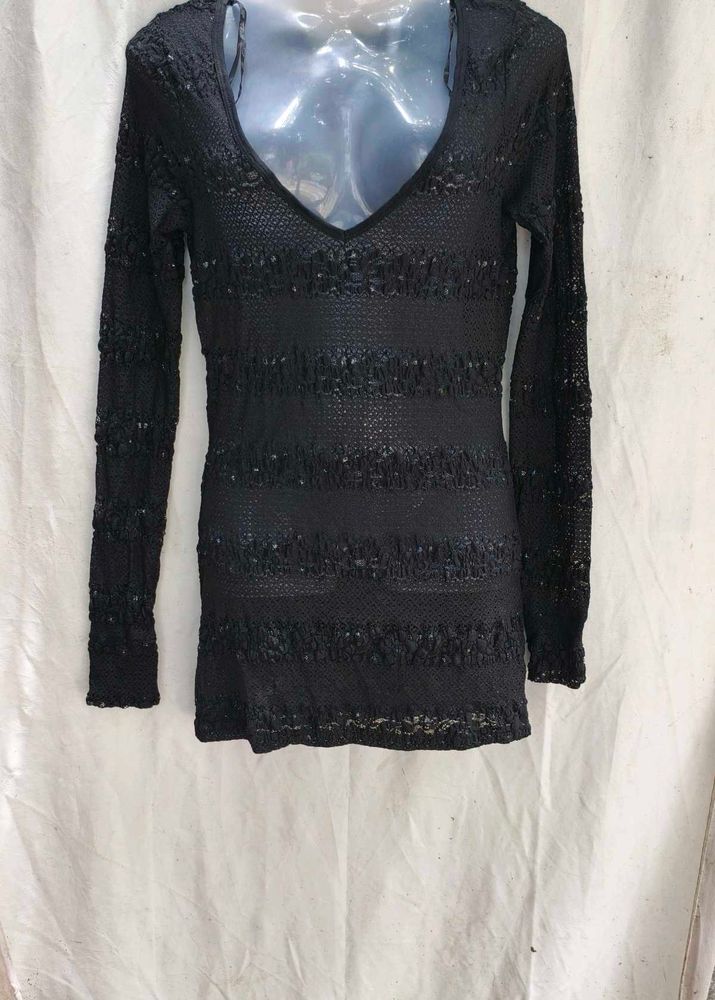 I Black Sequin Knit V-Neck Top