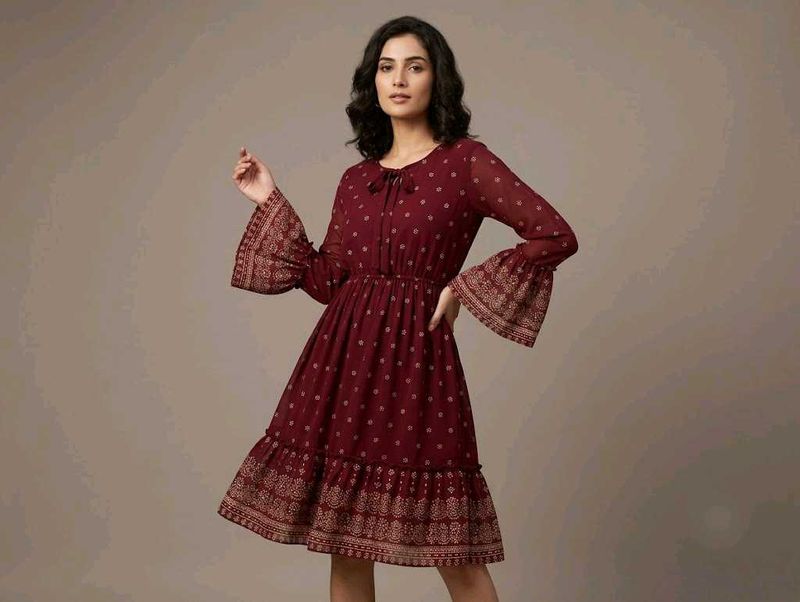 Maroon Printed Bell Sleeve Dress
