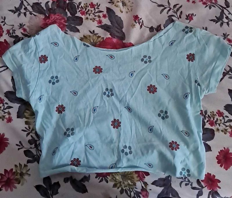 Cute Light Blue Floral Crop Top