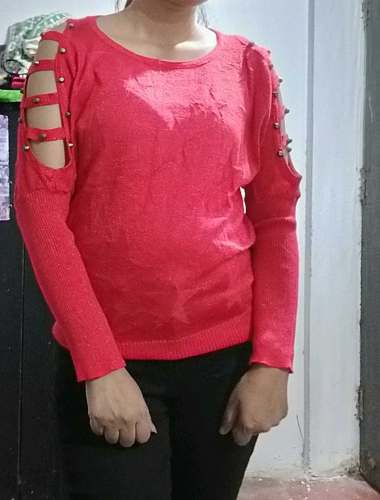 Red Cold Shoulder Sweater with Studs
