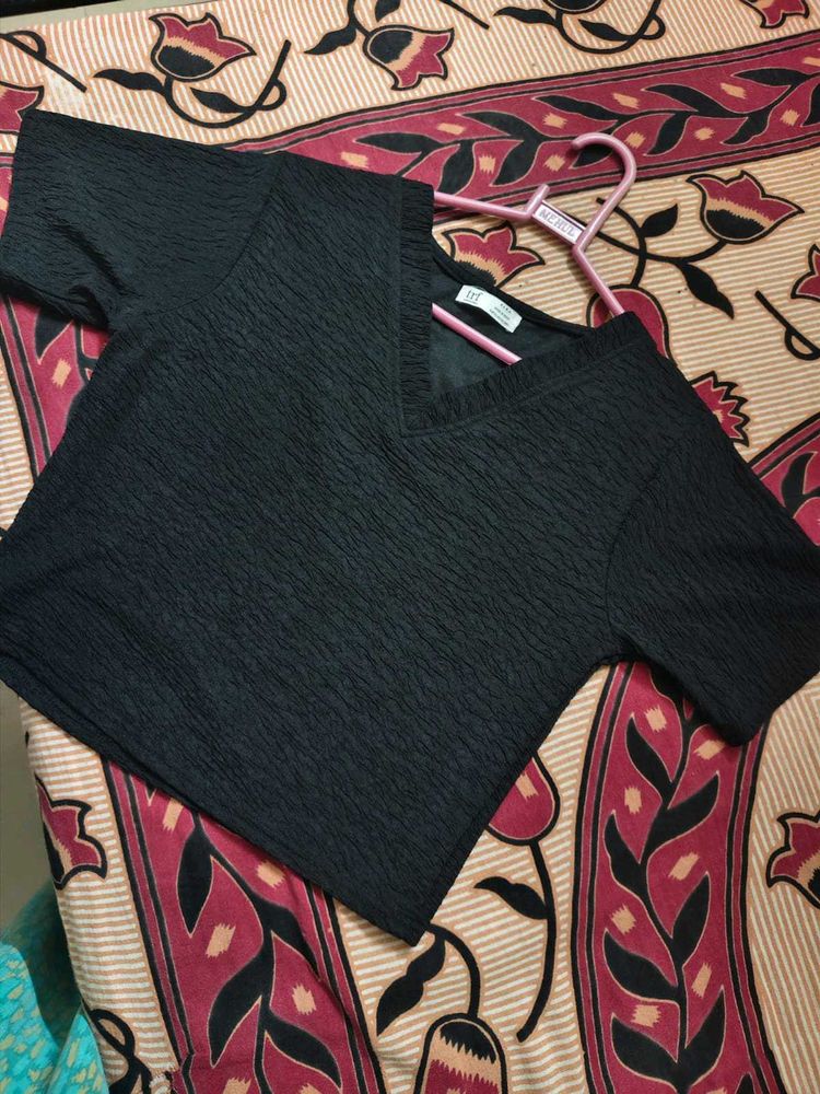 Black Textured V-Neck Tee