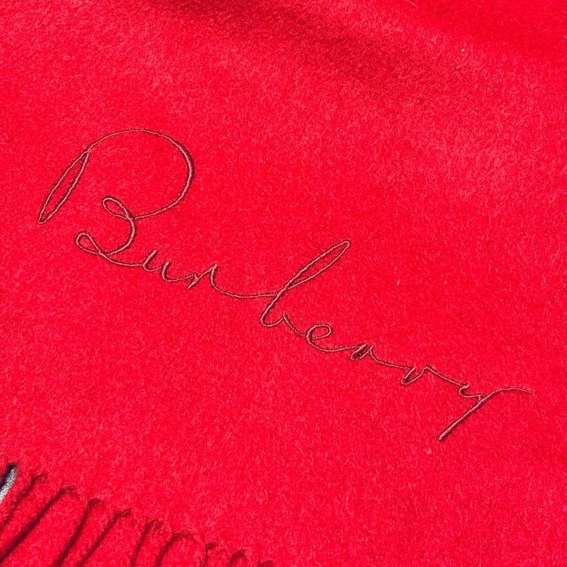 BURBERRY Solid Red Cashmere Cursive Logo Fringe