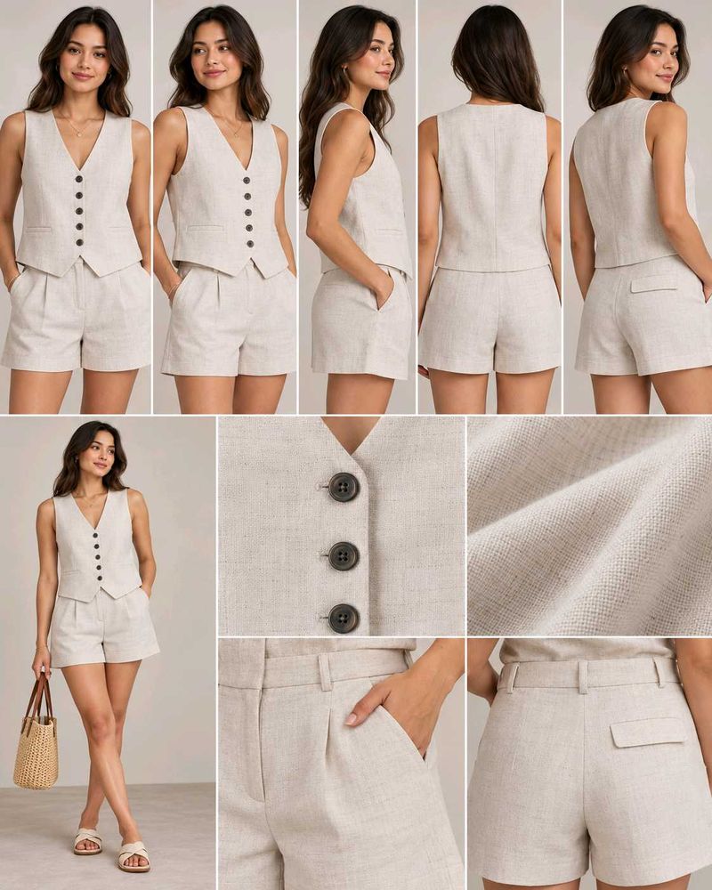 Linen Blend Vest &amp; Shorts Set