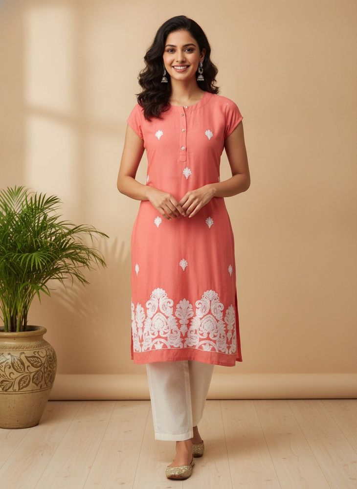 Embroidered Coral Kurta