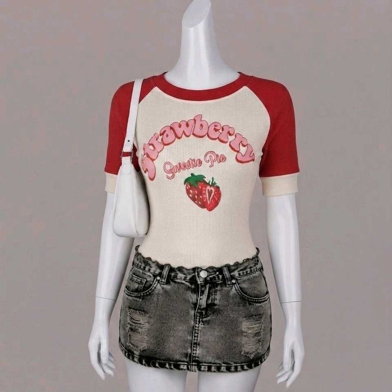 Cute Strawberry Graphic Ringer Tee