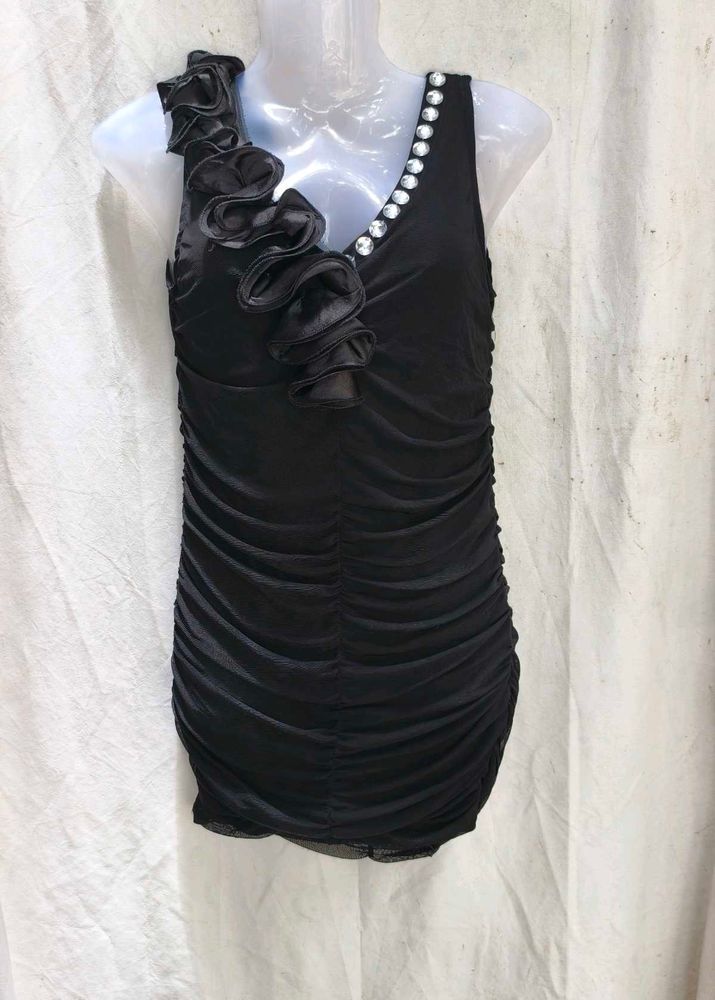I. Chic Black Ruched Dress with Rhinestone Trim