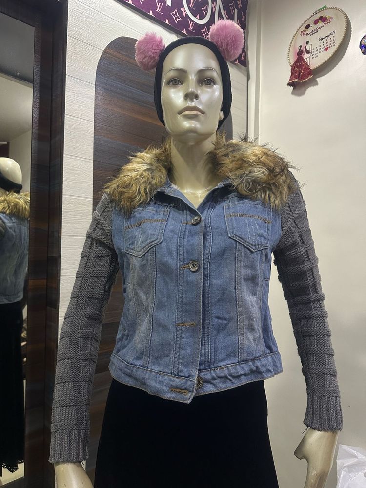 Denim Jacket with Fur Collar