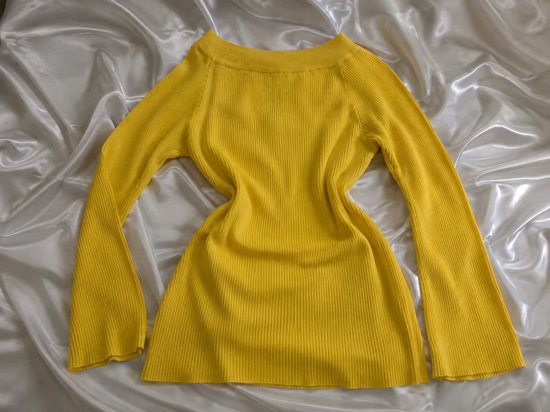 Vibrant Yellow Ribbed Flare Sleeve Top