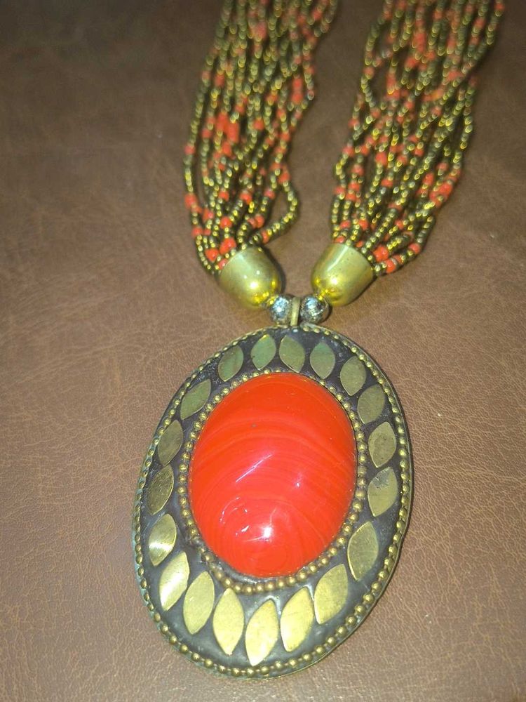 Unique Beaded Necklace with Orange Stone