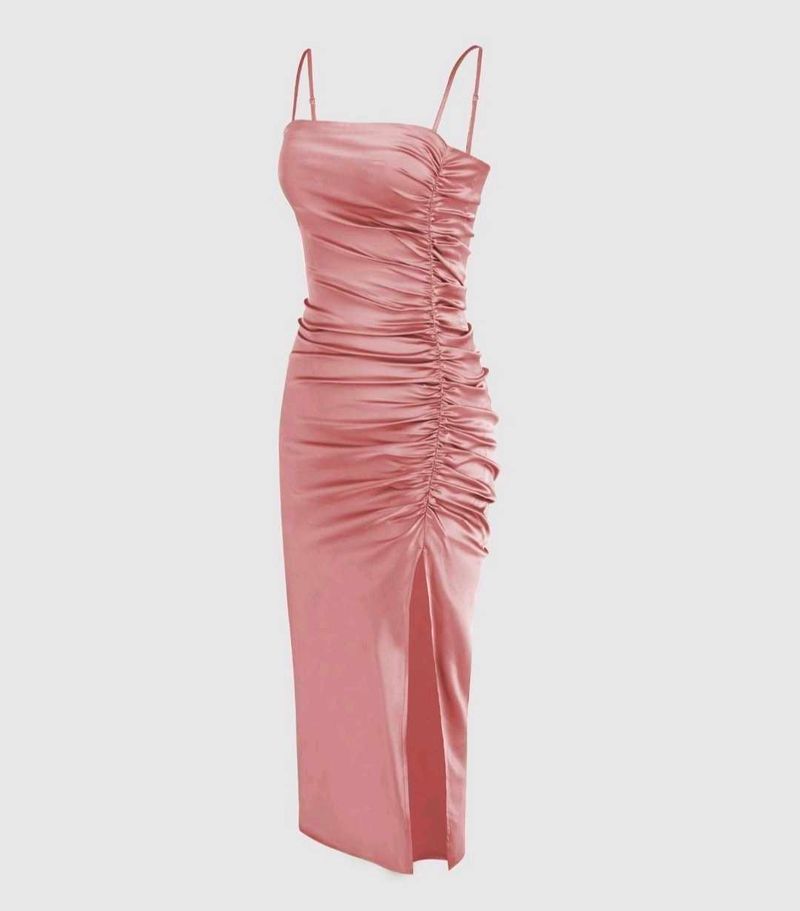 Satin Ruched Midi Dress with Slit
