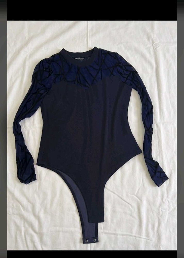 ✨ Elegant Blue Mesh Bodysuit Top 🖤