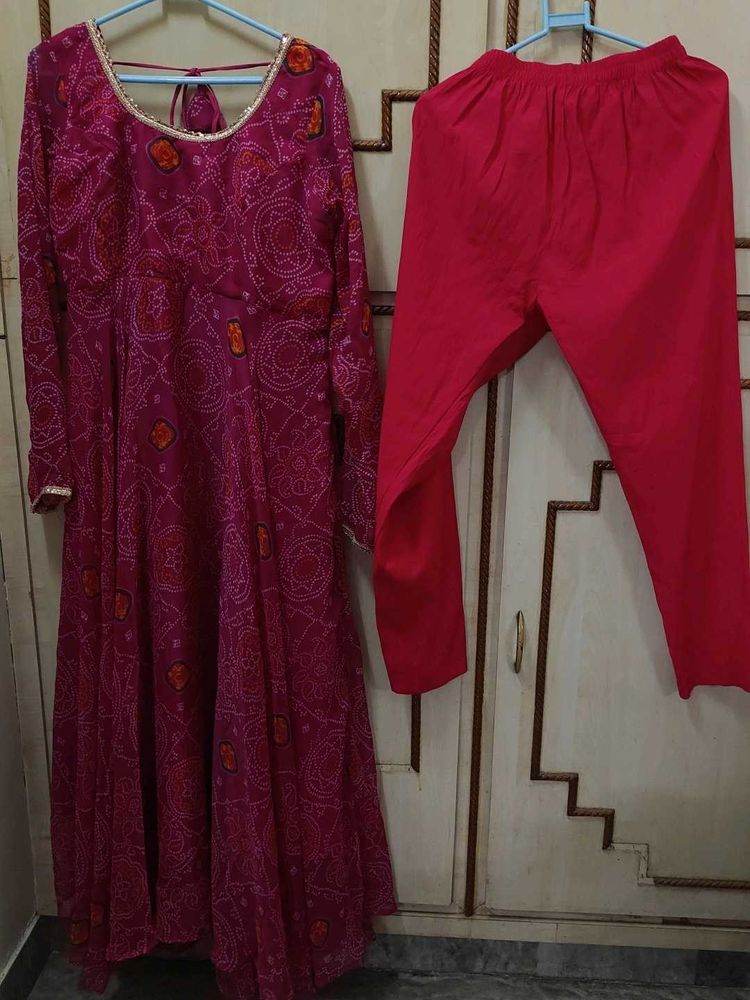 Women's Rani Bandhani Print AnarkaliKurta Set with